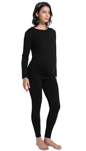Gowjog Lang Umstands Zweiteiliger Schlafanzug Langarm Umstandsmode Winter Umstandspyjama Pyjama/Nachtwäsche-Set für die Schwangerschaft Zweiteiliger Schwangerschaftskleidung (Schwarz,XL) von Gowjog