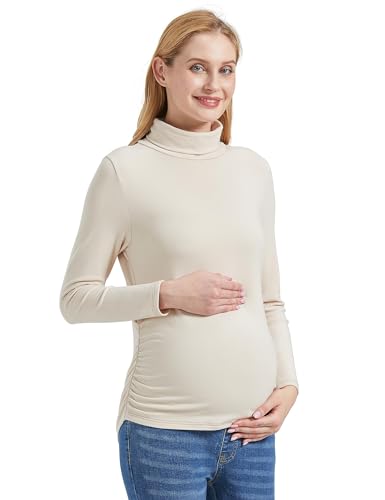 Gowjog Umstandsshirt mit Stehkragen,Langärmelig Basic Top,Umstandsmode Lange ärmel,Umstandsshirt Umstandsmode Oberteil,Damen Kostüme für Schwangere für den Täglichen Gebrauch (Beige,M) von Gowjog