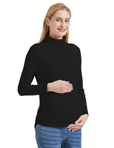 Gowjog Umstandsshirt mit Stehkragen,Langärmelig Basic Top,Umstandsmode Lange ärmel,Umstandsshirt Umstandsmode Oberteil,Damen Kostüme für Schwangere für den Täglichen Gebrauch (Schwarz,S) von Gowjog