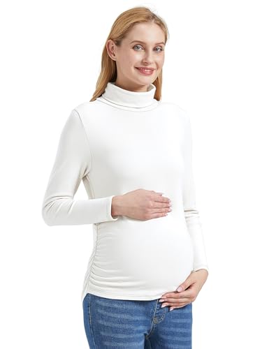 Gowjog Umstandsshirt mit Stehkragen,Langärmelig Basic Top,Umstandsmode Lange ärmel,Umstandsshirt Umstandsmode Oberteil,Damen Kostüme für Schwangere für den Täglichen Gebrauch (Weiß,M) von Gowjog