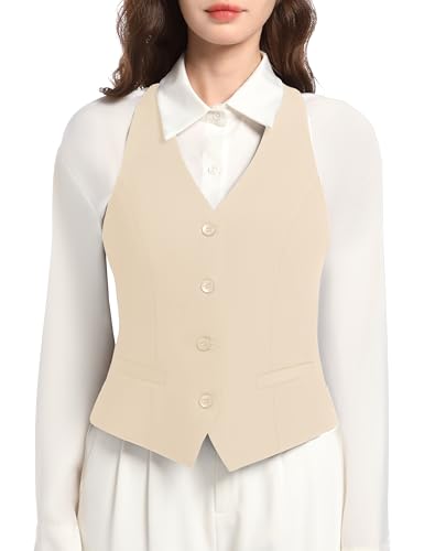 Gowjog Weste Damen Anzug Weste Tops Vintage V-Ausschnitt Geknöpfte Racerback Anzugweste Ärmellos Slim Fit Business Westen (Aprikosenfarbe,S) von Gowjog