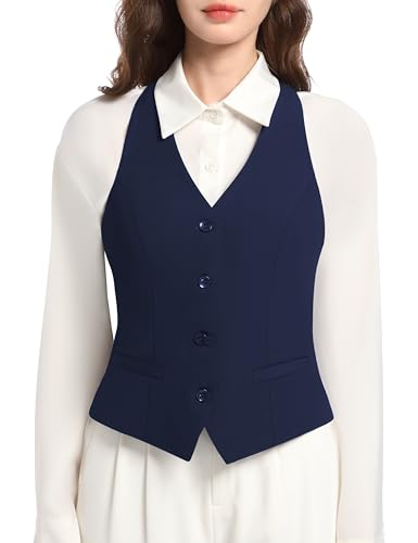 Gowjog Weste Damen Anzug Weste Tops Vintage V-Ausschnitt Geknöpfte Racerback Anzugweste Ärmellos Slim Fit Business Westen (Marineblau,S) von Gowjog