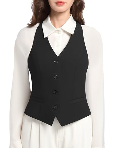 Gowjog Weste Damen Anzug Weste Tops Vintage V-Ausschnitt Geknöpfte Racerback Anzugweste Ärmellos Slim Fit Business Westen (Schwarz,M) von Gowjog