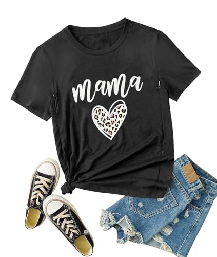 Lustiges Mama-Shirt für Damen, Stillshirt, niedliches Leopardenmuster, Herz-Grafik-T-Shirt, freundlich, Reißverschluss, Still-Tops, grau dunkel, X-Groß von Gowone