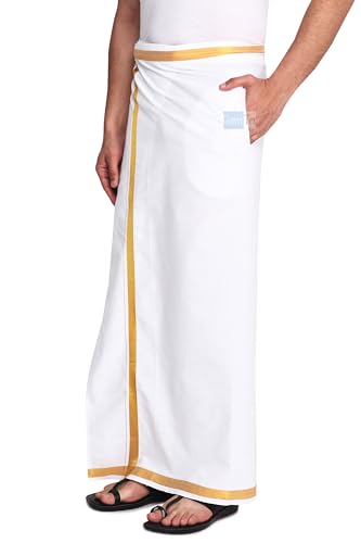 Gowri Tex Jari Lungi Lungi für Herren, 100 % reine Baumwolle, Weiß mit Gold, Größe 2 m, 1 Stück, Lungi mit Klettverschluss, Free Size Gowri Tex Jari Lungi Lungi für Herren, 100 % reine Baumwolle, Weiß mit Gold, Größe 2 m, 1 Stück, Lungi mit Klettverschluss, Free Size von Gowri Tex