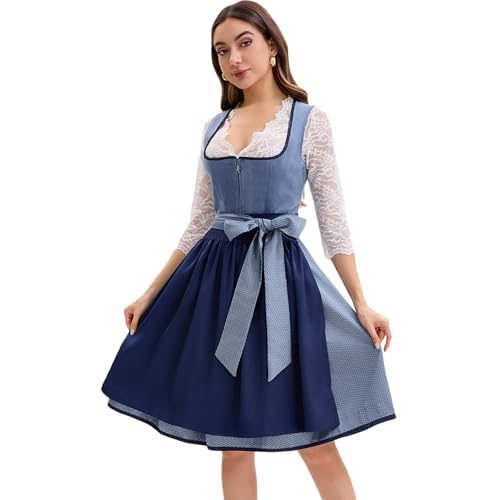 Goxozzy Dirndl Damen Midi aus Samt Mit Dirndlschürze für das Oktoberfest Lang Trachtenrock Größen 34-44 Länge 60cm Blau(DE/NL/SE/PL, Numerisch, 36, Regular, Regular, Blau) von Goxozzy