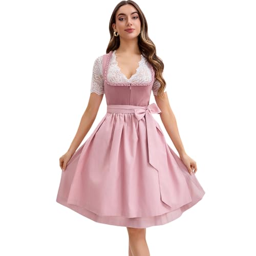 Goxozzy Dirndl Damen Midi aus Samt Mit Dirndlschürze für das Oktoberfest Lang Trachtenrock Größen 34-44 Länge 60cm Rosa(DE/NL/SE/PL, Numerisch, 36, Regular, Regular, Rosa) von Goxozzy