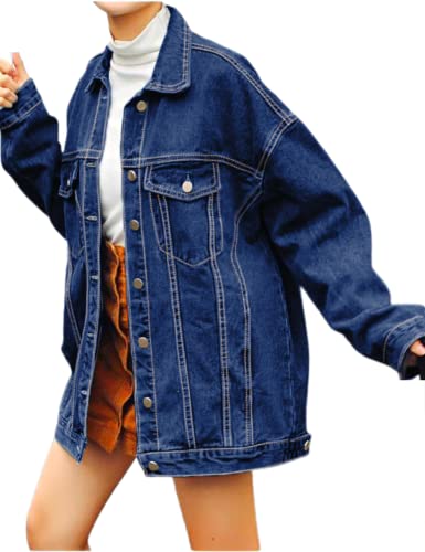 Gozoloma Damen Casual Lose Oversized Jeansjacke Langarm Knopf Jeansjacke Mantel Tops, Dunkelblau, XXL von Gozoloma