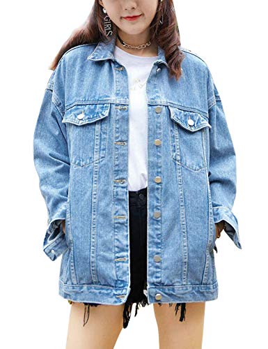 Gozoloma Damen Casual Lose Oversized Jeansjacke Langarm Knopf Jeansjacke Mantel Tops, Hell, blau, L von Gozoloma
