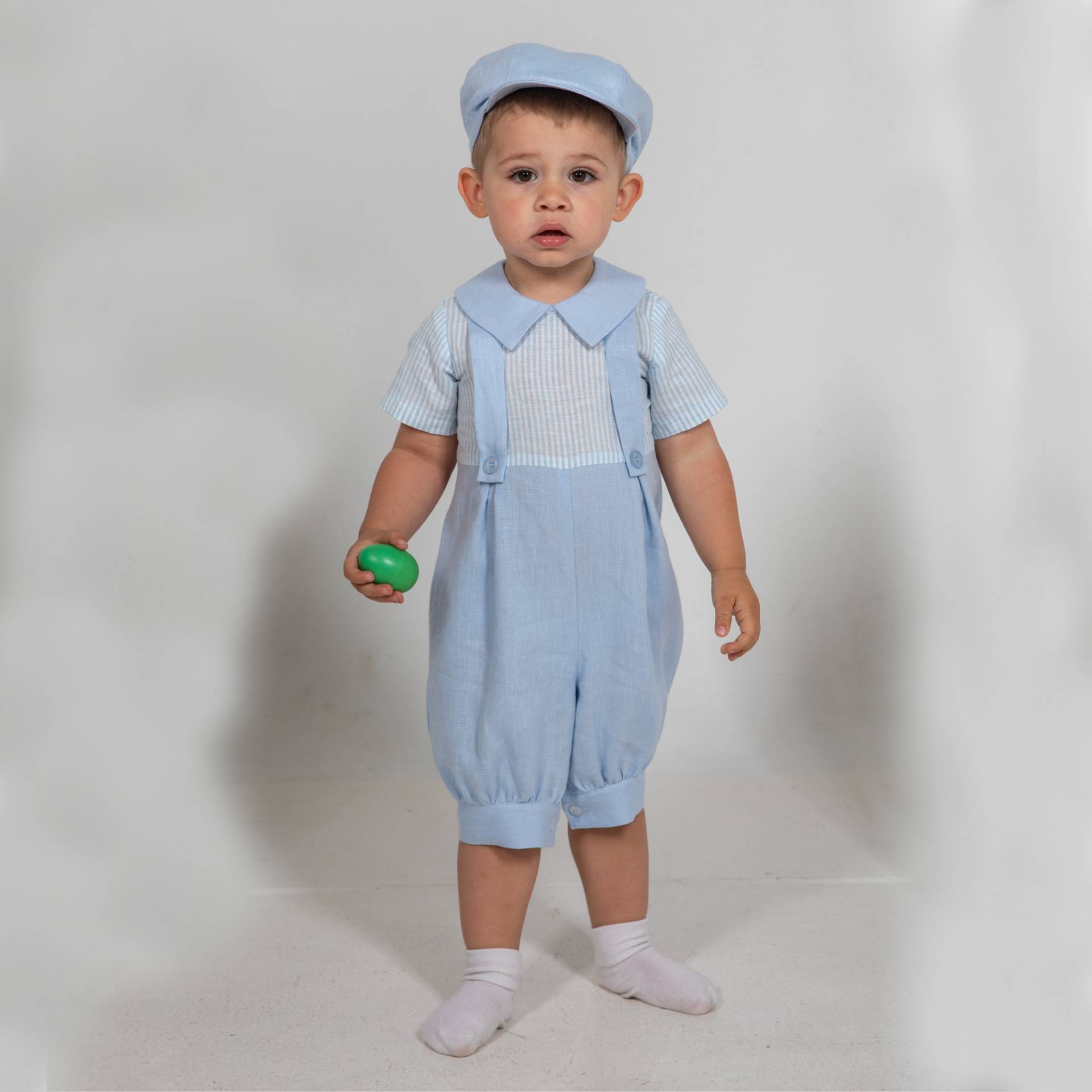 Baby Hellblau Outfit, Kleinkind Strampler + Mütze, Taufanzug, Leinen Mit Hosenträgern, Overall, Overall von Graccia