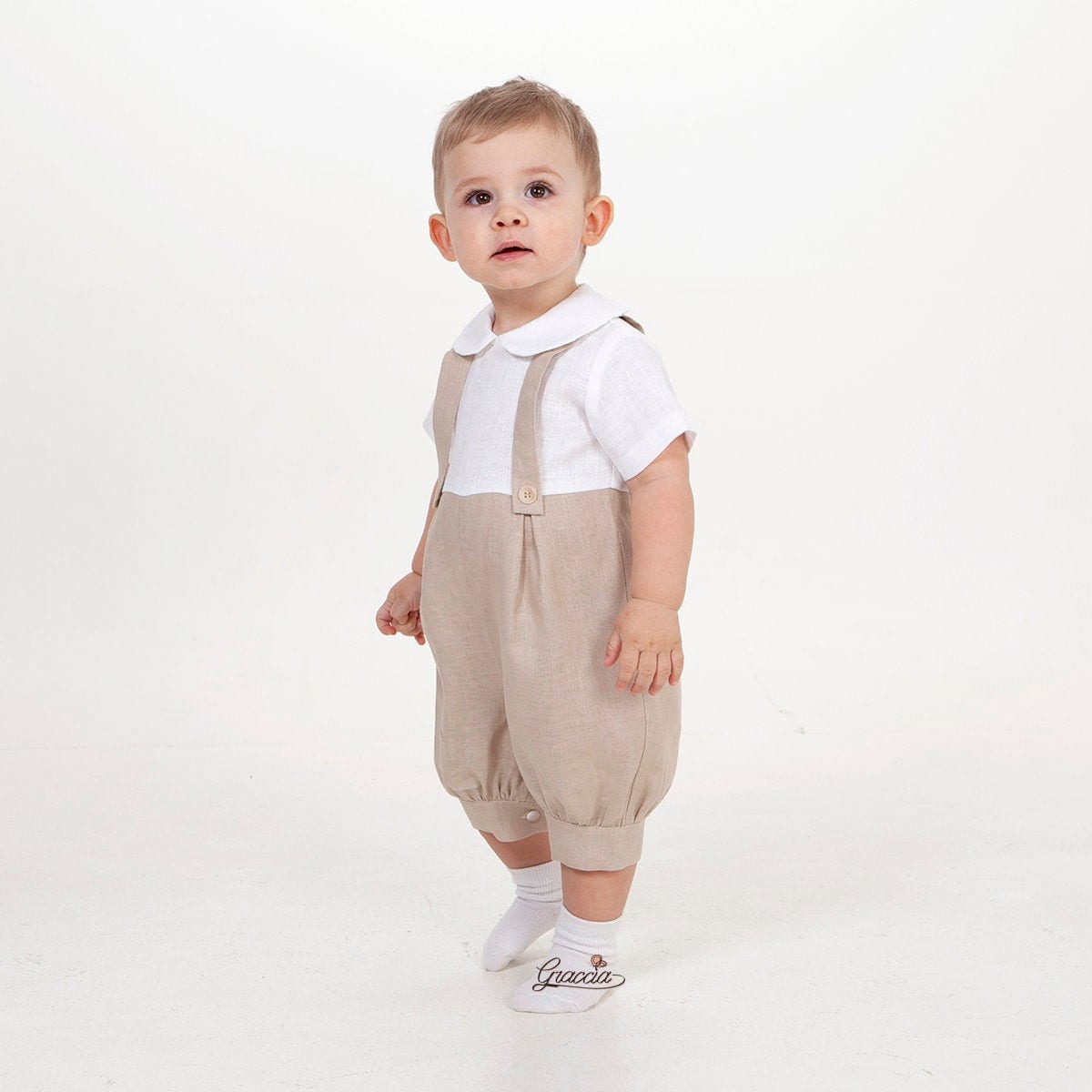 Baby Strampler Beige, Beige Outfit, Leinen Overall, Vintage Hosenträger, Overall von Graccia