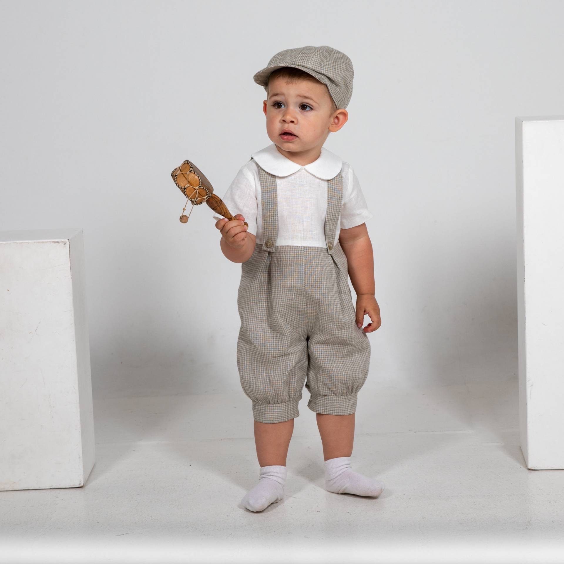 Naturleinen Strampler + Zeitungsjungen Hut, Baby Windel Abdeckung Mit Hosenträgern, Page Boy Outfit, Säugling Overall, Kinder Kariertes Muster von Graccia