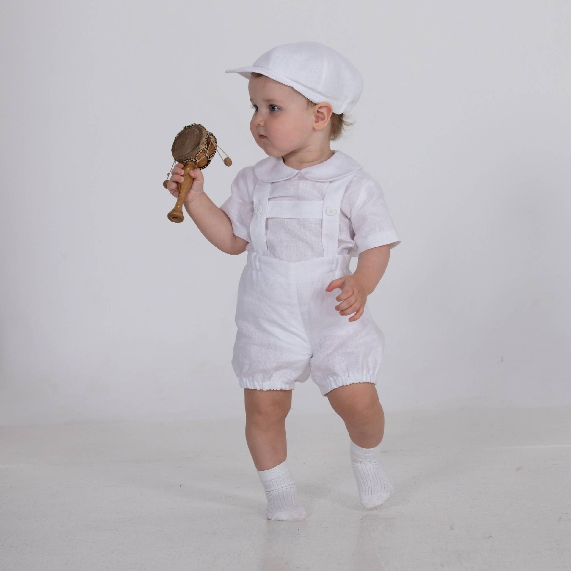 Weißes Leinen Outfit Für Jungen, Taufanzug, Säugling Newsboy Mütze Pumphose Mit Hosenträgern Hemd, Geschenk Neugeborene, Peter Pan Kragen von Graccia