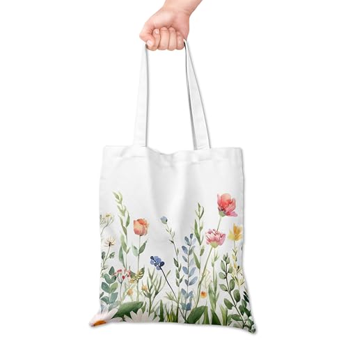 Grace Yonks 058 Tragetasche aus Segeltuch, Motiv: Wildblumen, Aquarell, botanische Illustration mit Gänseblümchen, Mohnblumen und Grün, weich, natürlich, ästhetisch, wiederverwendbar, für den von Grace Yonks