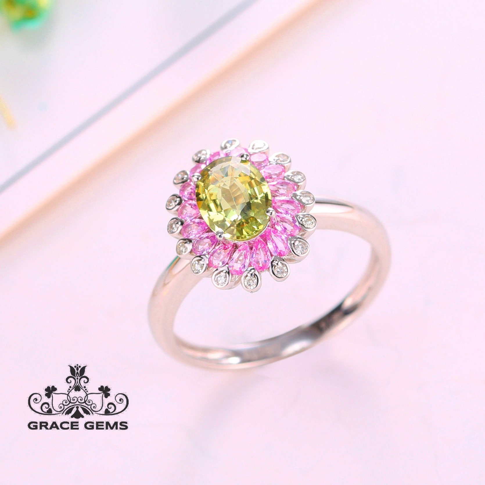 18K Diamant Halo Grüner Saphir Ring/Saphir Ring/Petrol Natur Zertifizierter Ring/Handmade Ring Frauen/Natural von GraceGemsUS