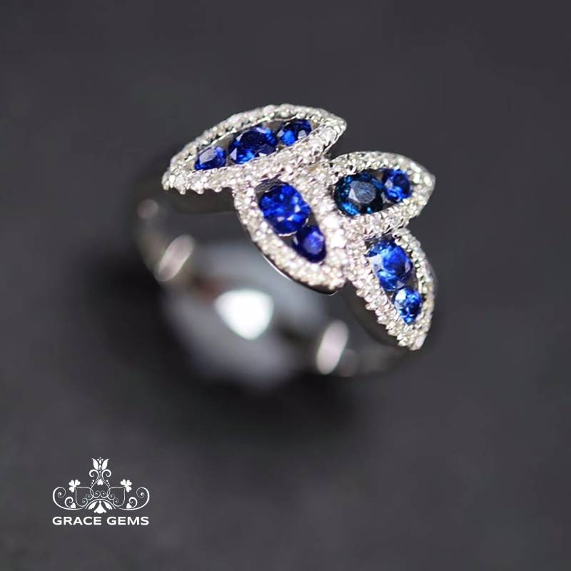 Cluster 18K Weißgold Zweig Saphir Ring/Multi-Stein Echter Verlobungsring in Diamant Blauer Stein Vintage Antik Art Deco Unikat von GraceGemsUS