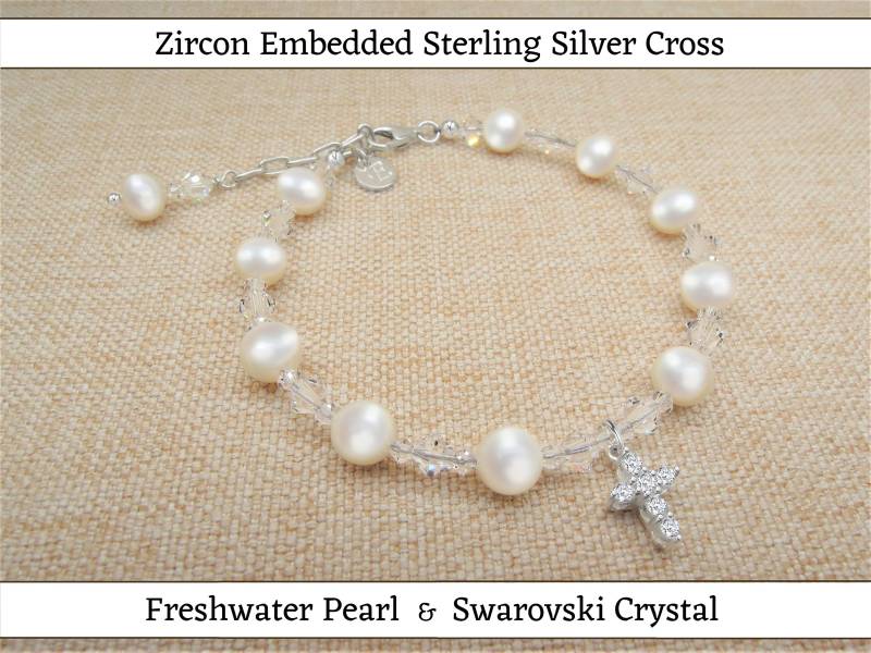 Echte Süsswasserperlen Armband Mit Kreuz; Erstkommunion, Taufe, Hingabe, Konfirmation, Andenken Zur Taufe; Blumenmädchen Geschenk von GraceJewelryUS