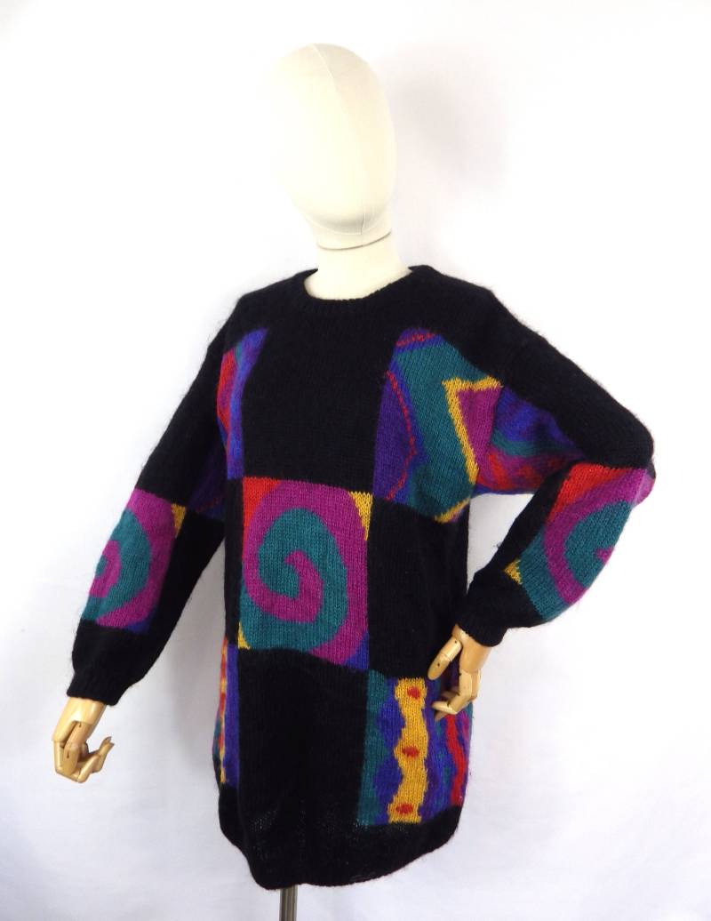 Atemberaubender Vintage Intarsia Schwarz Mehrfarbiger Lebendiger Boho Arty Mohair Pullover Größe 10 Uk S Small Grace & Garbo von GraceandGarbo