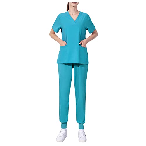 Damen 2-Teiliges Kasacks Set Medizinische Uniform Outfits mit Kasack und Hose Pflege Berufsbekleidung V-Ausschnitt Schlupfkasack+Schlupfhose Pflegeuniform Set Laborkittel Einfarbig Arbeitsuniform von Graceyo