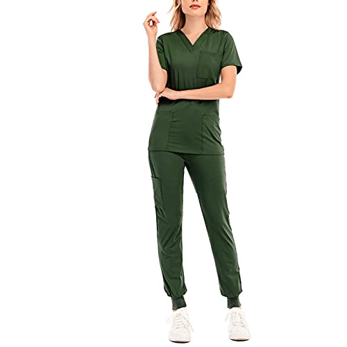 Damen 2-Teiliges Kasacks Set Medizinische Uniform Outfits mit Kasack und Hose Pflege Berufsbekleidung V-Ausschnitt Schlupfkasack+Schlupfhose Pflegeuniform Set Laborkittel Einfarbig Arbeitsuniform von Graceyo