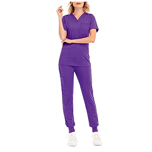 Damen 2-Teiliges Kasacks Set Medizinische Uniform Outfits mit Kasack und Hose Pflege Berufsbekleidung V-Ausschnitt Schlupfkasack+Schlupfhose Pflegeuniform Set Laborkittel Einfarbig Arbeitsuniform von Graceyo