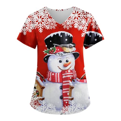 Damen Weihnachten Motiv Bunt Pflege Kasack Kurzarm V-Neck Krankenhaus Schlupfhemd Berufsbekleidung Atmungsaktiv Krankenpfleger Kasack Pflege Bluse Arzt Uniform Krankenschwester Kleidung Mit Taschen von Graceyo