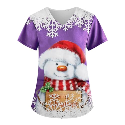 Damen Weihnachten Motiv Bunt Pflege Kasack Kurzarm V-Neck Krankenhaus Schlupfhemd Berufsbekleidung Atmungsaktiv Krankenpfleger Kasack Pflege Bluse Arzt Uniform Krankenschwester Kleidung Mit Taschen von Graceyo