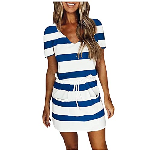 Elegante Kleider Damen Knielang, Damen Sommer Kurzarm Partykleid A-Linie Elegantes Minikleider Frauen Sommerkleid V-Ausschnitt Tunika Kleid Cocktailkleid Boho A-Linie Freizeitkleider Wickelkleid von Graceyo