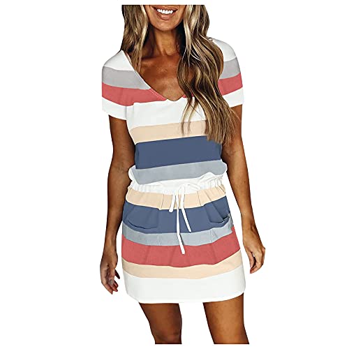 Elegante Kleider Damen Knielang, Damen Sommer Kurzarm Partykleid A-Linie Elegantes Minikleider Frauen Sommerkleid V-Ausschnitt Tunika Kleid Cocktailkleid Boho A-Linie Freizeitkleider Wickelkleid von Graceyo