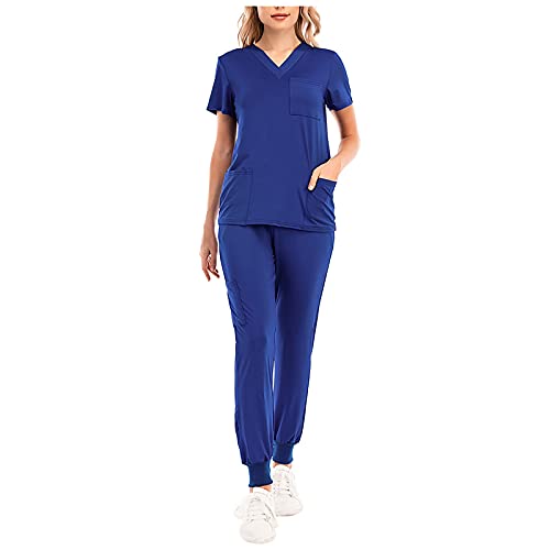 Graceyo Damen 2-Teiliges Kasacks Set Medizinische Uniform Outfits mit Kasack und Hose Pflege Berufsbekleidung Schlupfkasack+Schlupfhose Pflegeuniform Laborkittel Einfarbig Arbeitsuniform, XL, Blau von Graceyo