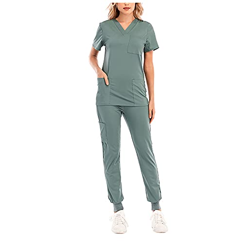 Graceyo Damen 2-Teiliges Kasacks Set Medizinische Uniform Outfits mit Kasack und Hose Pflege V-Ausschnitt Schlupfkasack+Schlupfhose Pflegeuniform Laborkittel Einfarbig Arbeitsuniform, Minzgrün, XXL von Graceyo