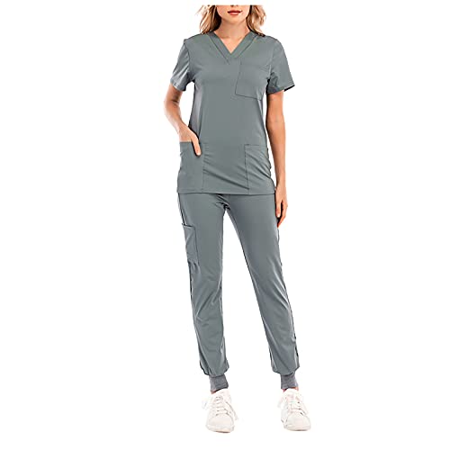 Graceyo Damen 2-Teiliges Kasacks Set Medizinische Uniform s mit Kasack und Hose Pflege Berufsbekleidung V-Ausschnitt Schlupfkasack+Schlupfhose Pflegeuniform Laborkittel Arbeitsuniform, Grau, XXL von Graceyo