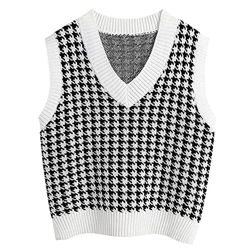 Graceyo Damen Casual Hahnentritt Karierte Sweater Weste Pullover Ärmellos V-Ausschnitt Mode Strick Pullunder Strickweste Herbst Winter Sweatshirts Strickpullover Tank Tops Vest von Graceyo