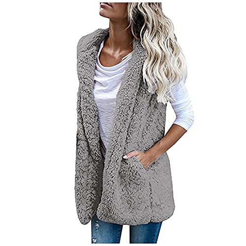 Graceyo Damen Fleeceweste Plüschweste Kunstfell Teddy Fleece Weste Outwear Herbst Winter Outdoor Warm Daunenweste Steppweste Bequem Ärmellos Cardigan Jacke Longweste Westen Tank Tops, Grau, XXL von Graceyo