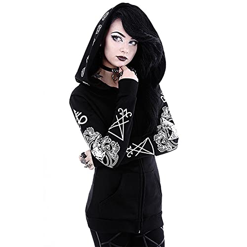 Graceyo Damen Gothic Punk Kapuzenpullover Vintage Retro Schwarz Kapuzenjacke Hoodie Sweatshirt Jacke Mantel Kapuzen Sweatjacke Pulli Streetwear Party Freizeit Kleidung Bluse Tops Outwear, M von Graceyo