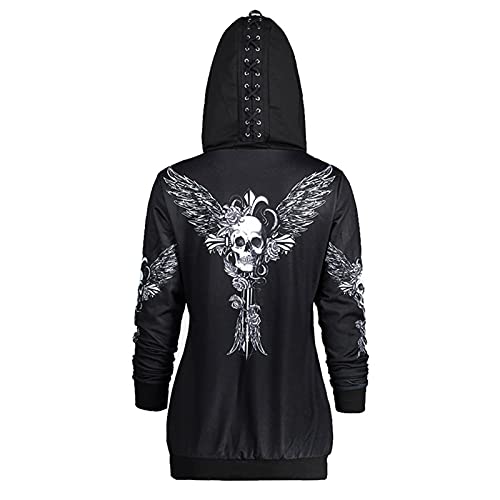 Graceyo Damen Gothic Punk Kapuzenpullover Vintage Retro Schwarz Kapuzenjacke Hoodie Sweatshirt Jacke Mantel Kapuzen Sweatjacke Pulli Streetwear Party Freizeit Kleidung Bluse Tops Outwear von Graceyo