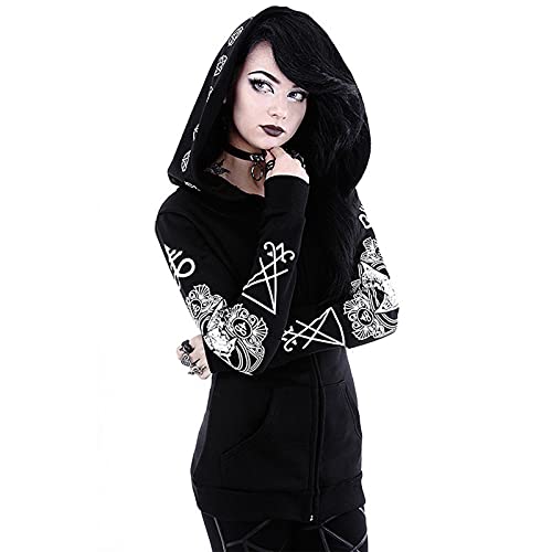 Graceyo Damen Gothic Punk Kapuzenpullover Vintage Retro Schwarz Kapuzenjacke Hoodie Sweatshirt Jacke Mantel Kapuzen Sweatjacke Pulli Streetwear Party Freizeit Kleidung Bluse Tops Outwear von Graceyo