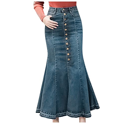 Graceyo Damen Jeans Rock, Stretch Denim Maxi Jeansrock Mit Weit Ausgestelltem Saum, Slimfit Midi Röcke Freizeitrock Partyrock, A Linie Rock, Figurbetontes Damenrock Hohe Taille, Blau, XL von Graceyo