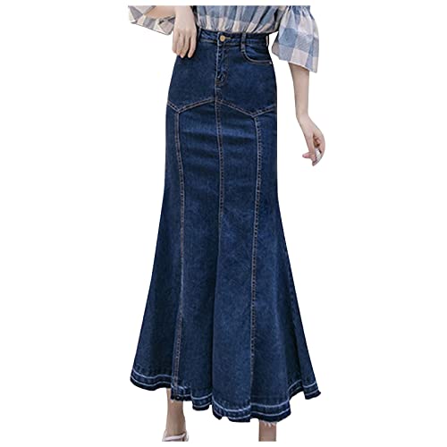 Graceyo Damen Jeans Rock, Stretch Denim Maxi Jeansrock Mit Weit Ausgestelltem Saum, Slimfit Midi Röcke Freizeitrock Partyrock, A Linie Rock, Figurbetontes Damenrock Hohe Taille von Graceyo