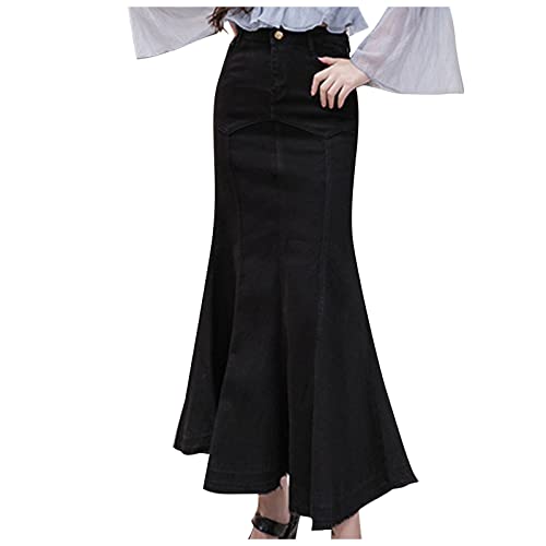 Graceyo Damen Jeans Rock, Stretch Denim Maxi Jeansrock Mit Weit Ausgestelltem Saum, Slimfit Midi Röcke Freizeitrock Partyrock, A Linie Rock, Figurbetontes Damenrock Hohe Taille von Graceyo