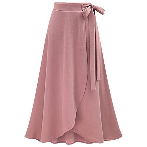 Graceyo Damen Lange Rock A Linie Röcke mit Bandagen Elegante Hochzeit Maxiröcke Freizeitrock Elastische Hohe Taille Faltenrock Midi Röcke Chiffonrock Damenrock, Rosa, L von Graceyo