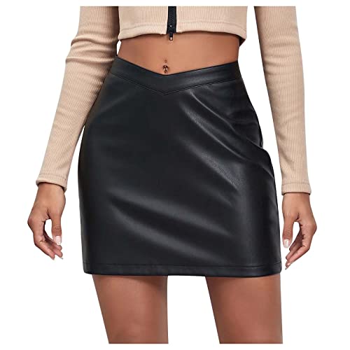 Graceyo Damen Lederrock Knielang, Hohe Taille Kunstleder Minirock Enges Bleistiftrock Schwarze Pu-Leder-Nähte Split Herbst Winter Minikleider A Linie Leder Rock Mini Röcke Party Clubwear von Graceyo