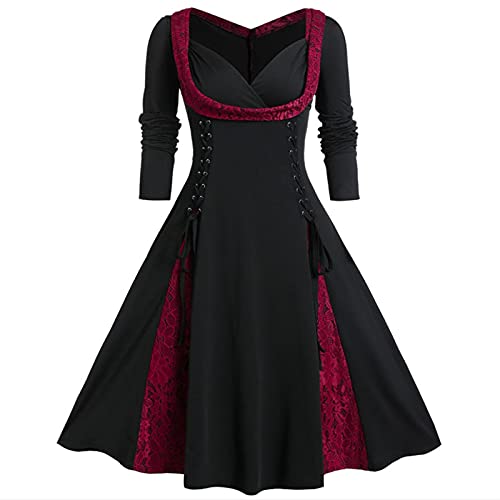 Graceyo Damen Mittelalter Kleid Gothic Kleider, Steampunk Gitter A-Line Partykleider Lace Up Karneval Party Halloween Kostüm Cosplay Kostume Festkleid Vintage Langarmkleid Damenkleid, 2-rot, XL von Graceyo