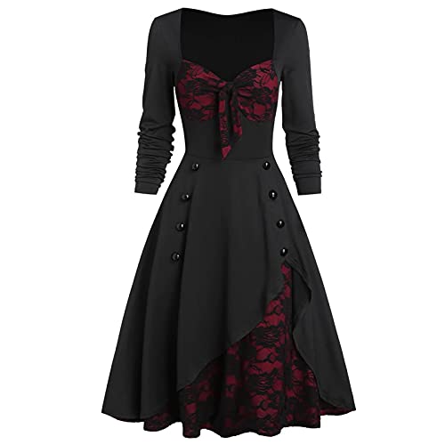 Graceyo Damen Mittelalter Kleid Gothic Kleider, Steampunk Gitter A-Line Partykleider Lace Up Karneval Party Halloween Kostüm Cosplay Kostume Festkleid Vintage Langarmkleid Damenkleid, 4-rot, 5XL von Graceyo