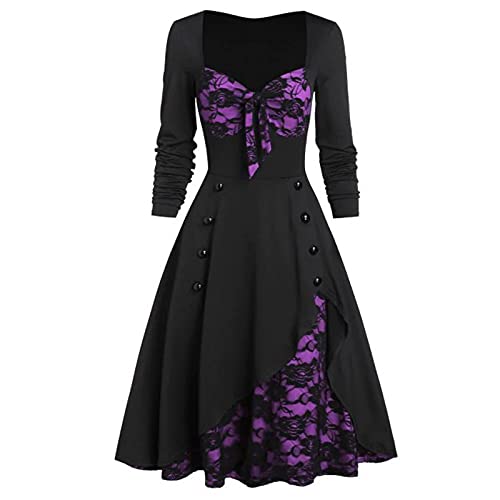 Graceyo Damen Mittelalter Kleid Gothic Kleider, Steampunk Kleid Gitter A-Line Partykleider Lace Up Karneval Party Halloween Kostüm Cosplay Kostume Festkleid Vintage Retro Langarmkleid Damenkleid von Graceyo