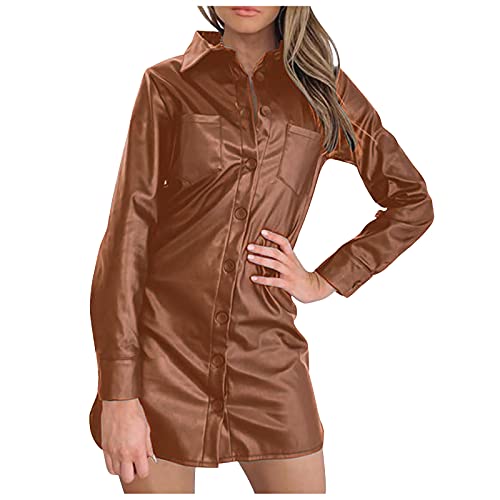 Graceyo Damen PU Leder Kleid Winter Langarm Elegant Etuikleid Bleistiftkleid Bodycon Clubwear Dress Cocktail Party Abend Kleider Frauen Revers Lederkleid Wickelkleid von Graceyo