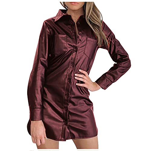 Graceyo Damen PU Leder Kleid Winter Langarm Elegant Etuikleid Bleistiftkleid Bodycon Clubwear Dress Cocktail Party Abend Kleider Frauen Revers Lederkleid Wickelkleid von Graceyo