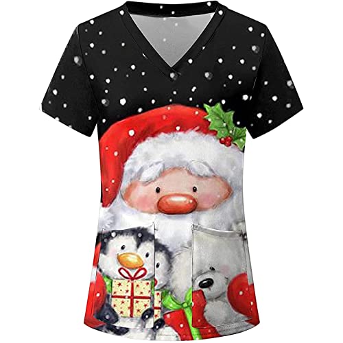 Graceyo Damen Weihnachten Motiv Bunt Pflege Kasack Kurzarm V-Neck Krankenhaus Schlupfhemd Krankenpfleger Kasack Pflege Bluse Arzt Uniform Krankenschwester Kleidung Mit Taschen, Weiß, M von Graceyo
