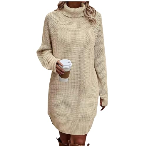 Graceyo Herbst Winter Dick Rollkragenkleid Damen, Einfarbig Rollkragen Langarm Strickkleid, Warm Langarmkleid Strickpulli Kleid, Pulloverkleid Freizeitkleid Knielang, Pullover Kleid Strick Sweater von Graceyo