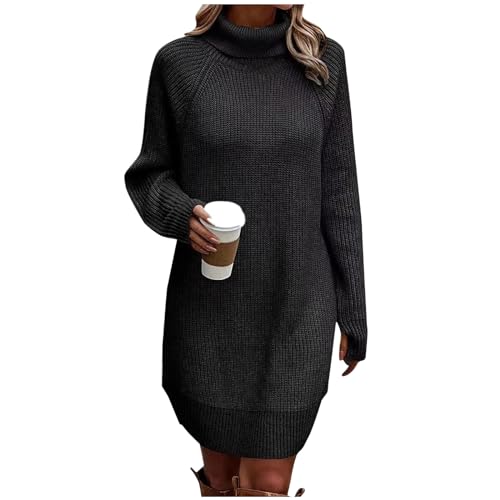 Graceyo Herbst Winter Dick Rollkragenkleid Damen, Einfarbig Rollkragen Langarm Strickkleid, Warm Langarmkleid Strickpulli Kleid, Pulloverkleid Freizeitkleid Knielang, Pullover Kleid Strick Sweater von Graceyo